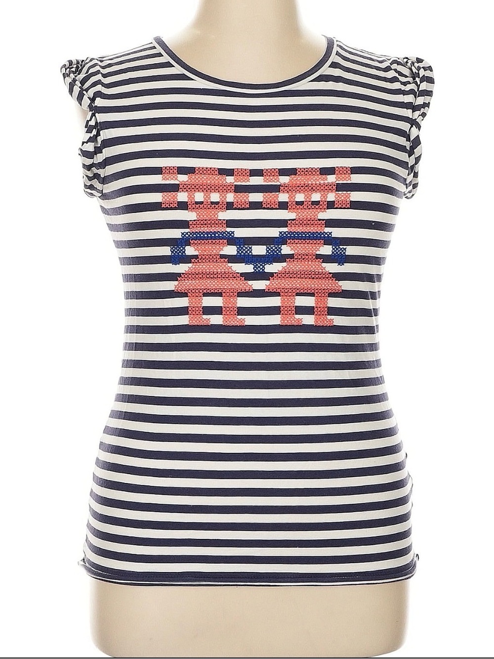 RACHEL Rachel Roy Navy & White Striped Tee with Pink Pixel Twin Graphic